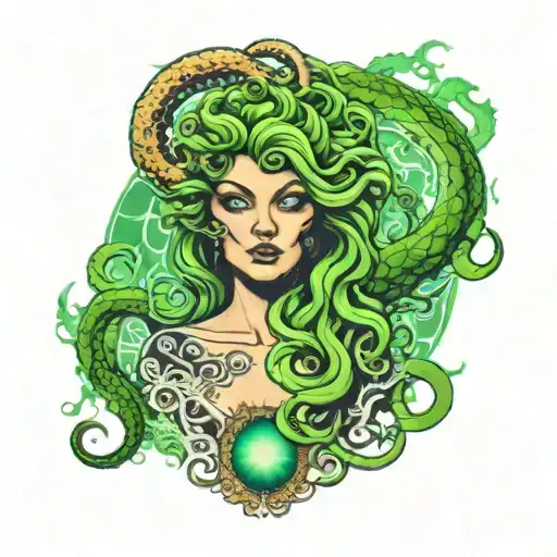 Medusa With Blank White Eyes And Snake Hair And An Northern Lights Aura Surrounding Her