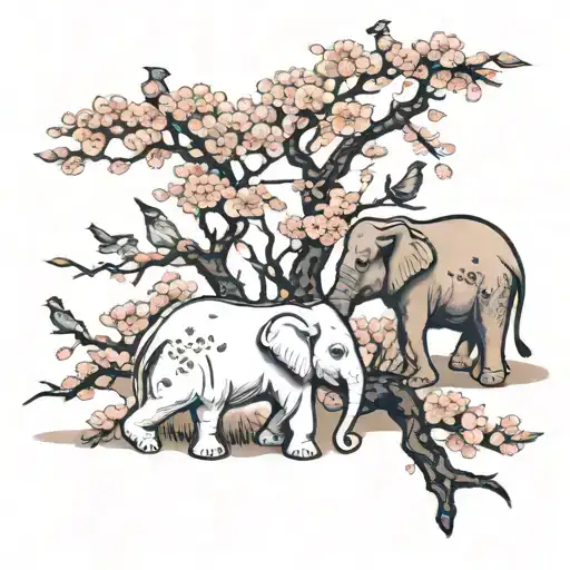3 Elephant's Walking With Swallows And A Cherry Blossom Tree