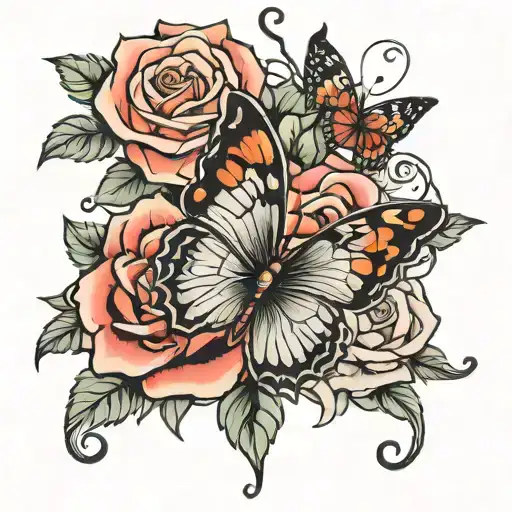 Large Rose With Three Butterflies And Thorns