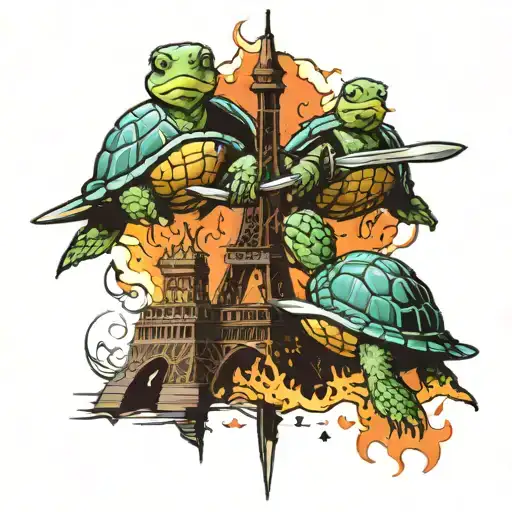 Two Turtles Fighting With Swords On The Eiffel Tower While It Is On Fire