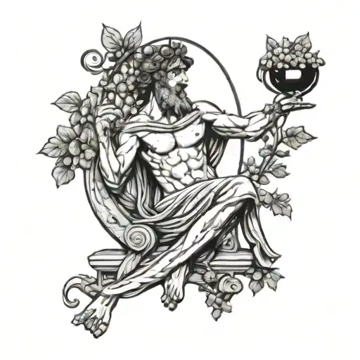 Young Greek God Of Wine Dionysus Full-length With Legs Tattoo Sketch Black White Outline