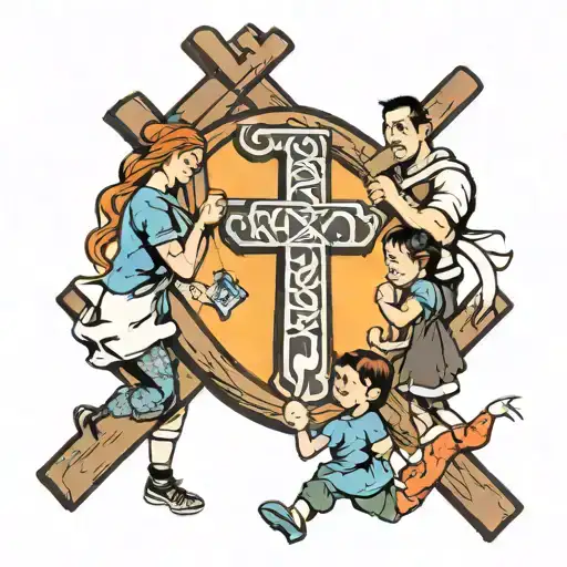 Family Of 5 Praing And Dad Carry A Cross