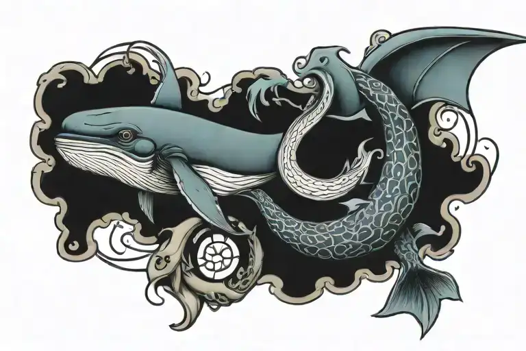 Whale And Archer Bow And Dragon Intertwined