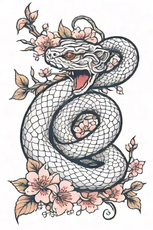 Cherry Blossom Surrounded Around A Snake That's Shedding