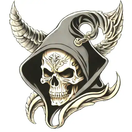 Hooded Skull With Angel And Demon On Both Sides