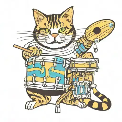 Fat Tabby Cat Playing Colorful Drum Kit