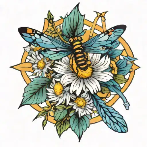 Geometric Aster Flower And Dragonfly