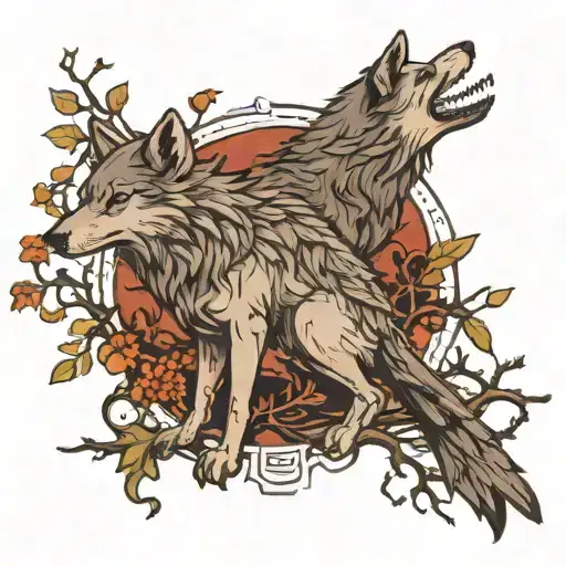 Wolf And Raven With Thorn-branch Background And Incorporating Wyrd