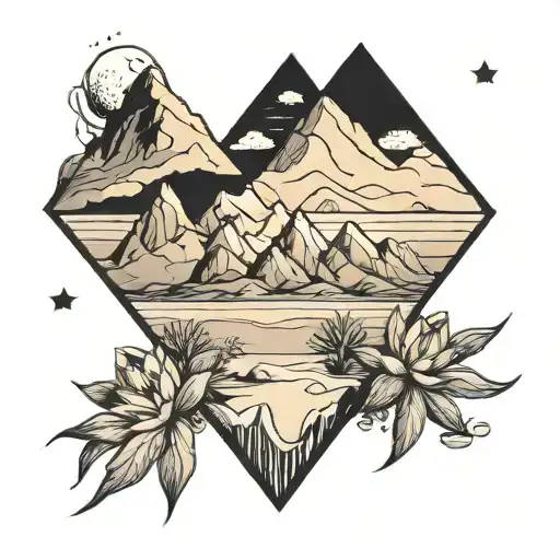 Mix Of Desert And Mountains In A Traingle Black Ink Only