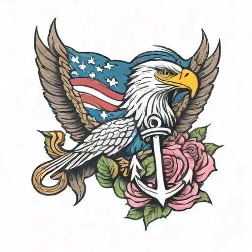 American Flag Ripping Through Skin With Eagle Holding An Anchor And Three Roses Two Blue One Pink