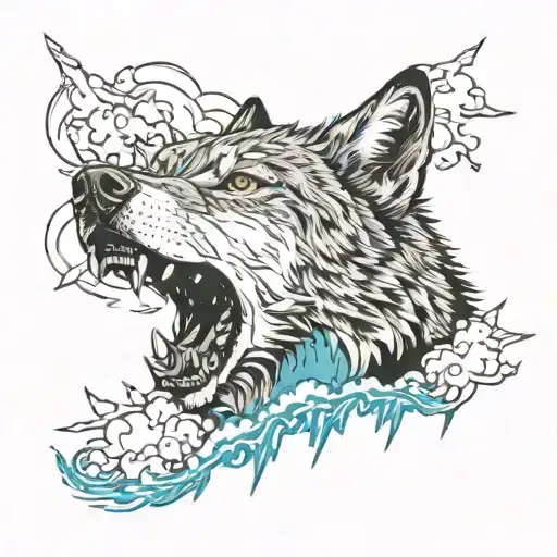 Realistic Tattoo Of Wolf Howling With Clouds And Lightning Trash Polka Style