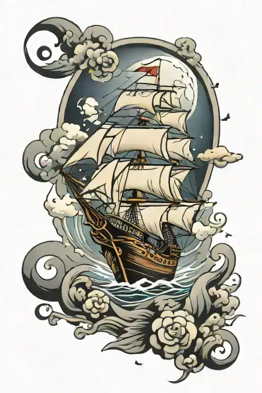 Travel Tattoo With Ship Sailing Through Stormy