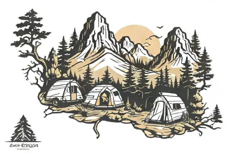 Mountains Trees Camping Scene
