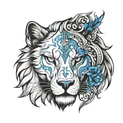 Half Lion Face Half Wolf Face With The Same Blue Eyes