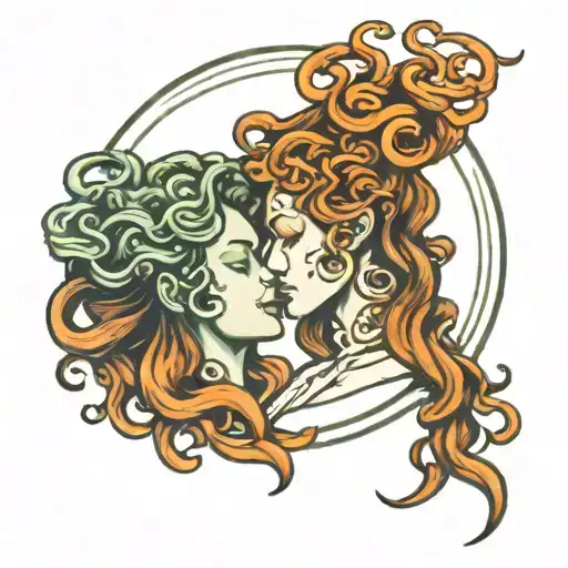 Medusa Head Profile Holding Hands In A Circle