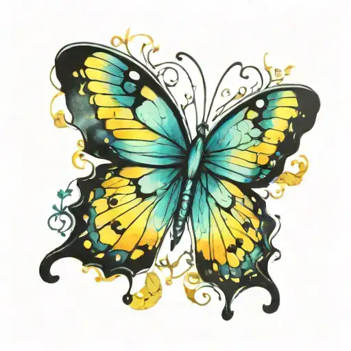 Butterly Fading From Black To Watercolor Blue Green Yellow