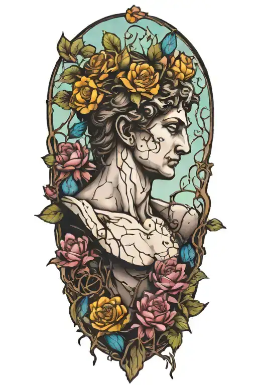 The David Statue Cracked And Weathered With Vines And A Colorful Pop Of One Flower