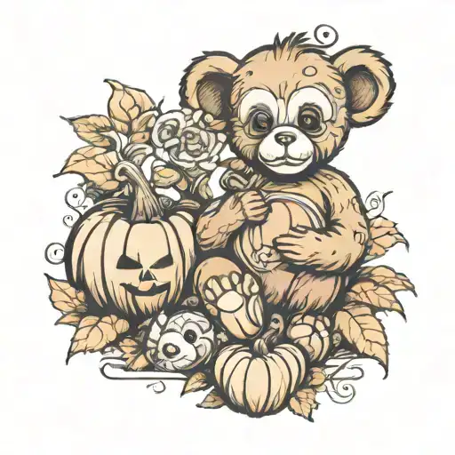 Teddy Bear Holding A Baby Monkey In A Pumpkin Patch