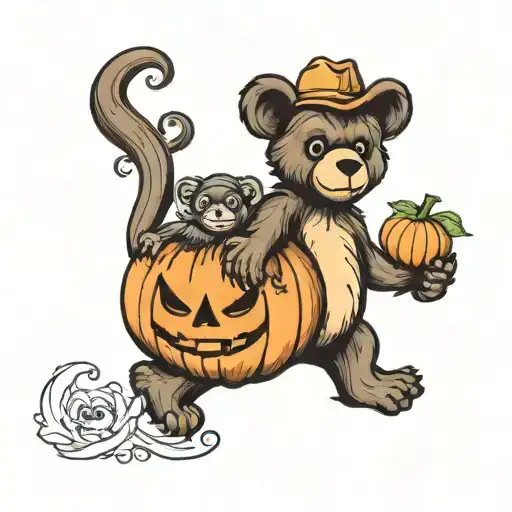 Teddy Bear Holding A Baby Monkey In A Pumpkin Patch
