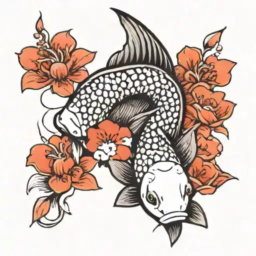 Black & Red Koi Fish With Red Flowers