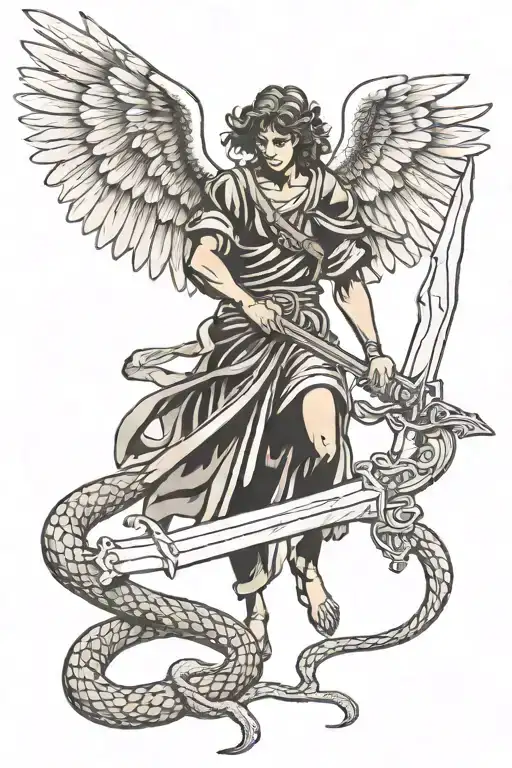 Angel Holding A Sword Killing Snake Coiling