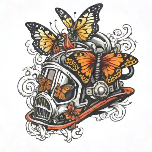 Butterflies Around A Fire Fighter Helmet