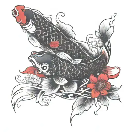 Two Black & Red Koi Fish With Red Flowers Intertwined