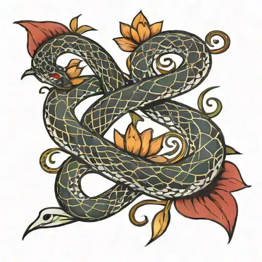 Calm Snake Coiled Around A Trident Surrounded By Lotus Flower