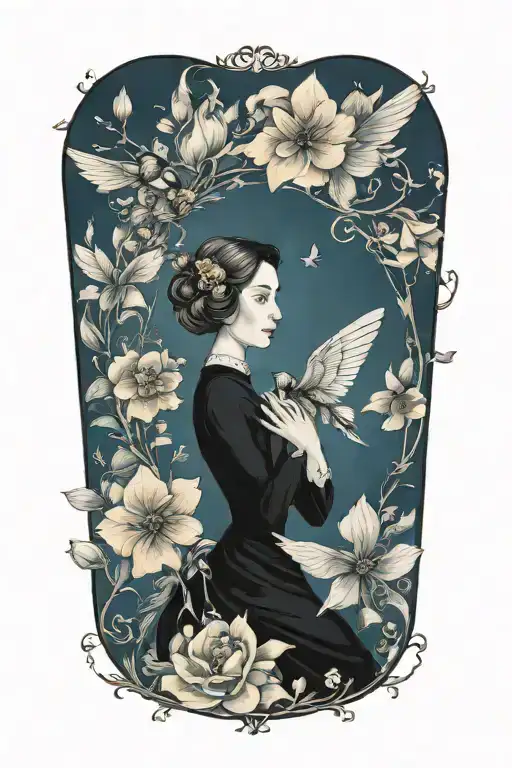 Emily Dickinson With Flower Frame And Flying Bee And Bird
