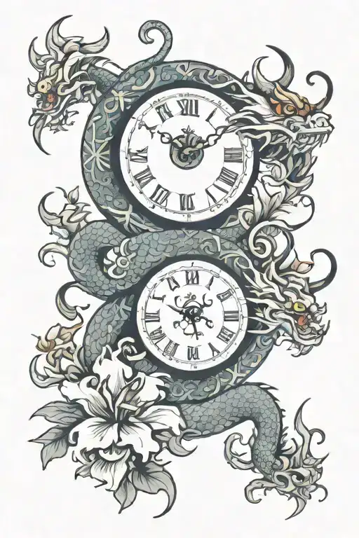 Chinese Dragon And Flowers With A Clock Face