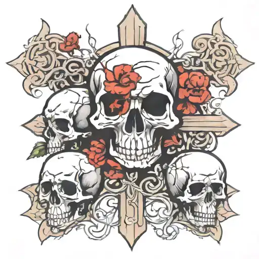 3 Skulls Infront Of A Complex Christian Cross