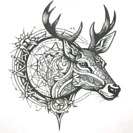 Half Geometric Half Realistic Deer With Sun And Moon In Between Antlers