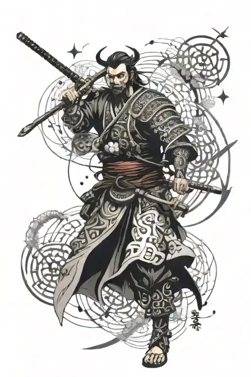 Samurai Surrounded By Orbits Of Arabic Caligraphy