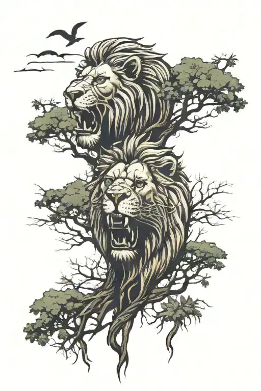 Lion Head Growling And Trees On Beach