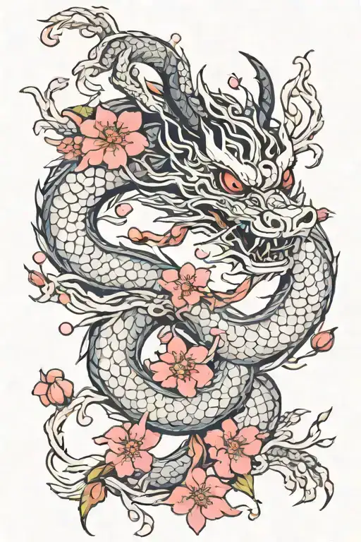 Japanese Dragon Intertwined With Cherry Blossom Branches