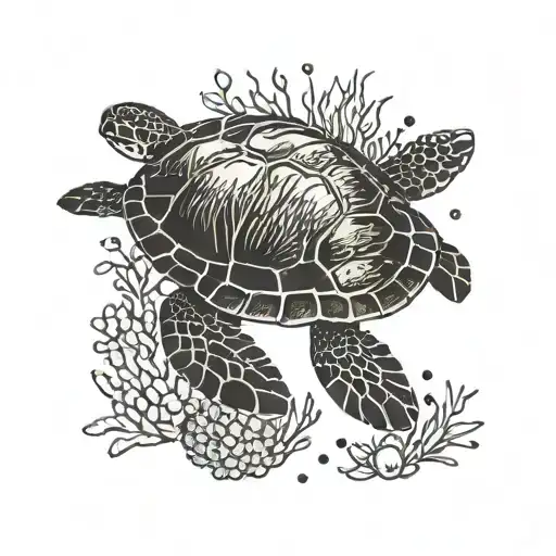 A Minimalist Design Of A Sea Turtle Swimming Gracefully Through Coral Reefs
