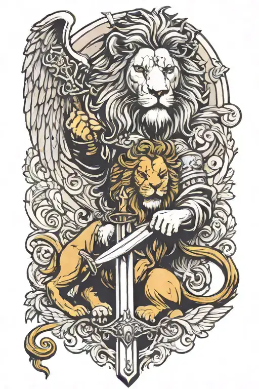 Lion And Guardian Angel Holding A Sword