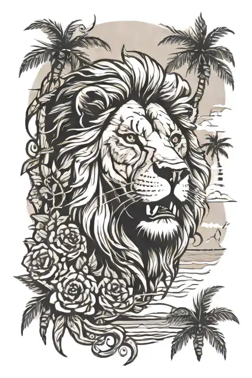 Lion Head Growling And Trees And Beach Background