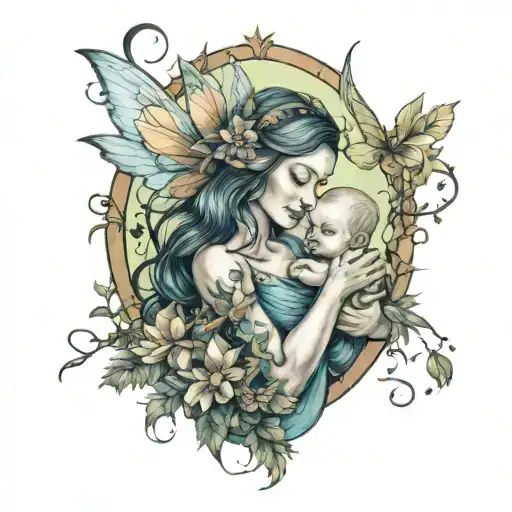A Fairy Mother Holding A Baby In A Mystical Forest With Rises And Scorpions