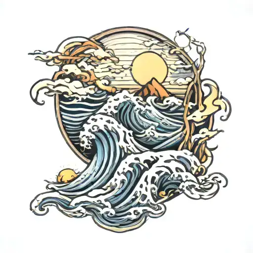 Waves Montain And Moon Surrounded