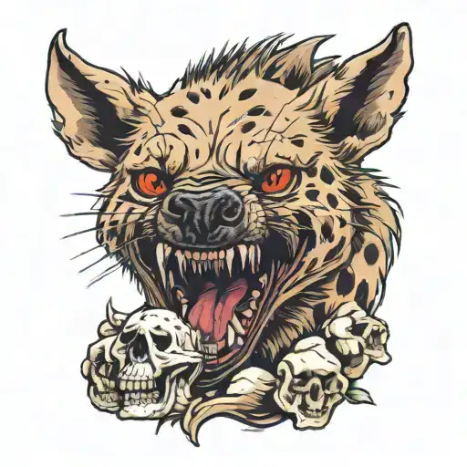 Realistic Hyena Eating A Surprise With A Skull Below It And A Hell In The Bottom