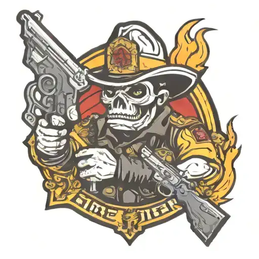 Fire Fighter Logo With Bandit Holding Revolvers