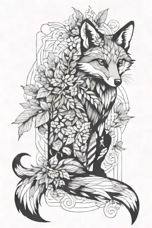 Sly Red Fox In Geometric Leaves Intertwined