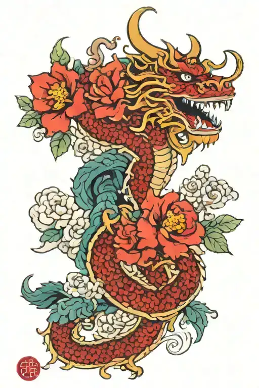 Chinese Dragon With Foo Dogs Guarding 5 Roses Mayflowers Hibiscus