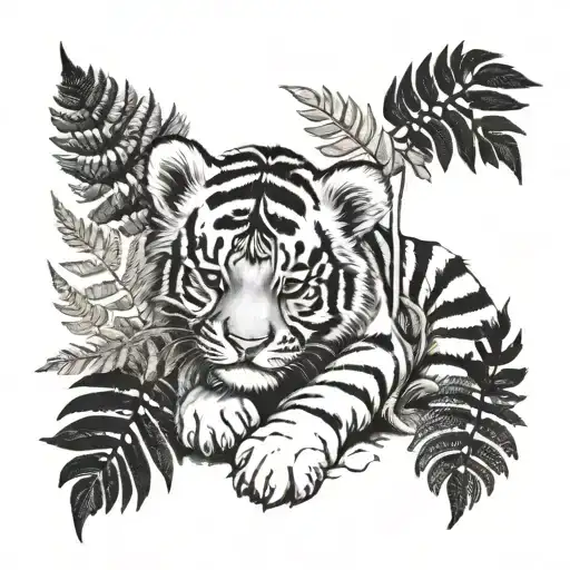 Adorable Tigercub Sleeping In Silver Ferns Black And White