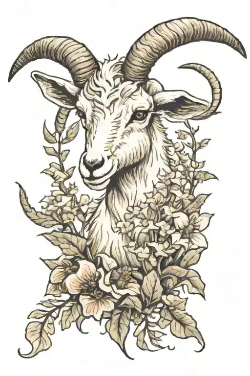 A Nature Tattoo Featuring A Cute Goat Foraging For Mushrooms