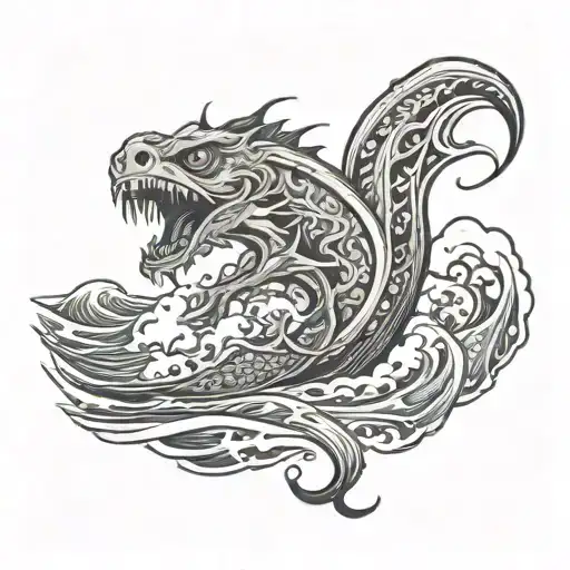 Female Sea Monster Emerging From The Ocean Waves Crashing