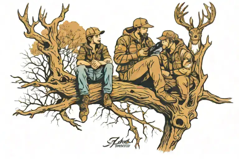 Father And Son Sitting In A Tree Stand Hunting With A Deer Underneath Them