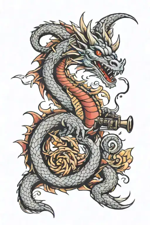 A Military-themed Sleeve Tattoo Featuring Dragon And Gun