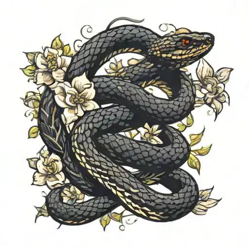 A Black Snake In Flowers Intertwined